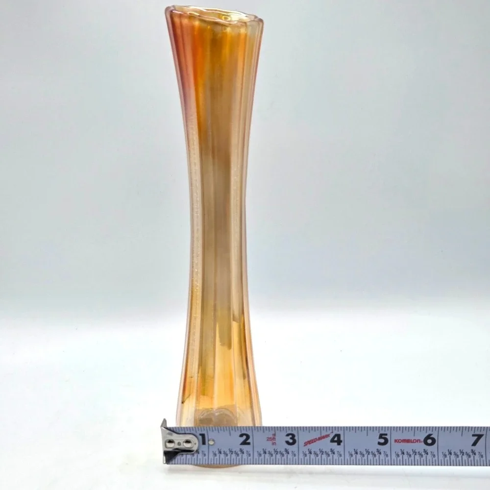 Vintage Amber Marigold Carnival Glass Opalescent Swung Vase 10